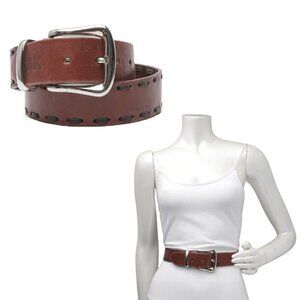 Vintage ASK Leather Belt Single Prong Contrast Trimmed Brown Black Silver Buckle